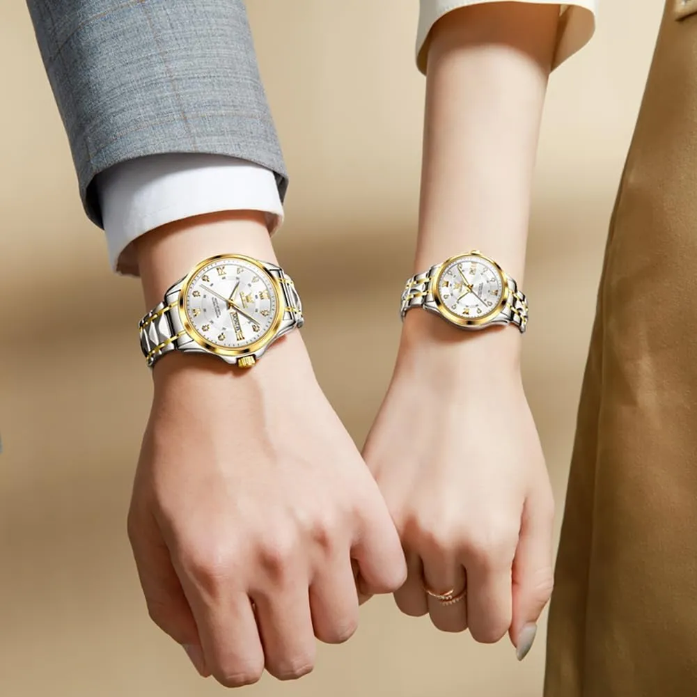 Couple Watch His and Her Set Watches seriousness Business Analog Quartz Men and Women Watches Stainless Steel Waterproof Luminous Date Wrist Watch OLEVS 