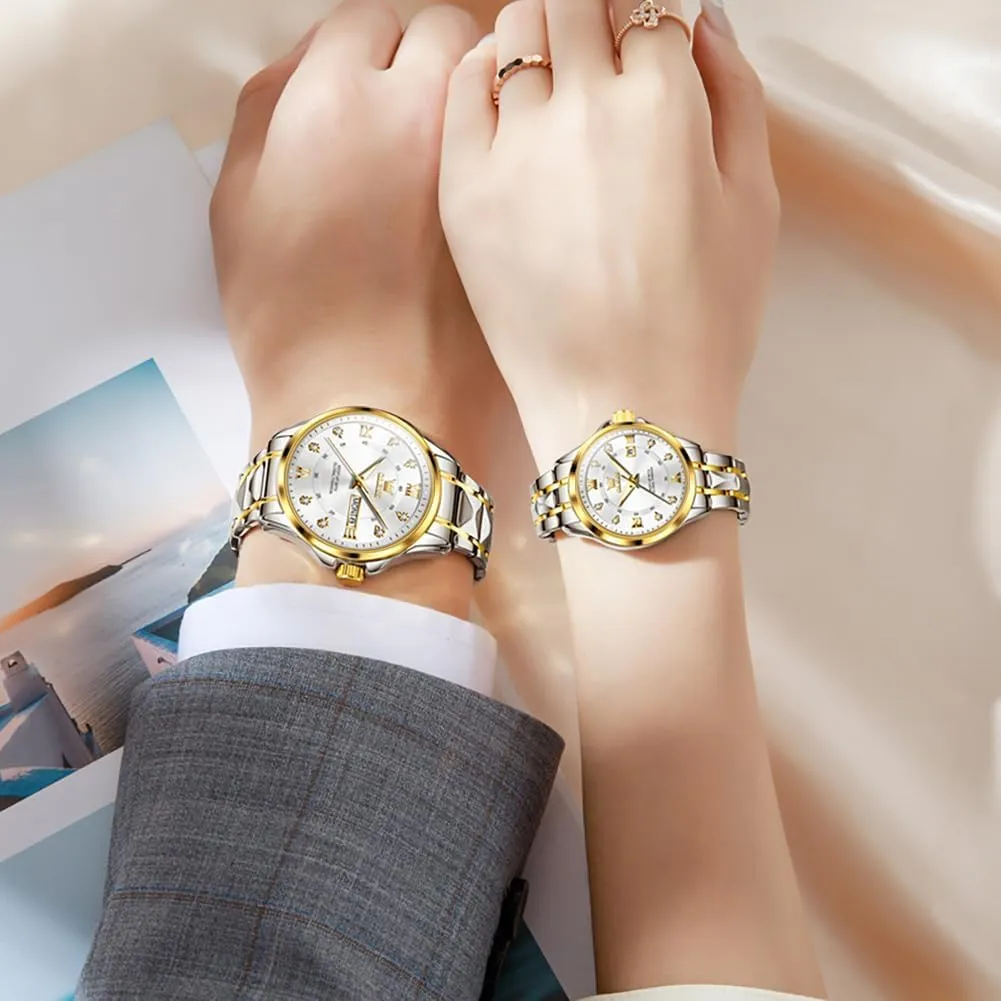 Couple Watch His and Her Set Watches seriousness Business Analog Quartz Men and Women Watches Stainless Steel Waterproof Luminous Date Wrist Watch OLEVS 