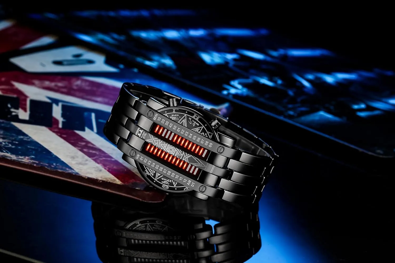 Creative emit Fashion Black Plated Wrist Watches Binary Matrix Blue LED Digital Watch Mens Classic 