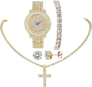 Cross clear Set Women's Iced out Watches with Diamond Stud Earrings and Flawless blinged out Cross Tennis Necklace & Bracelet - 4pc 