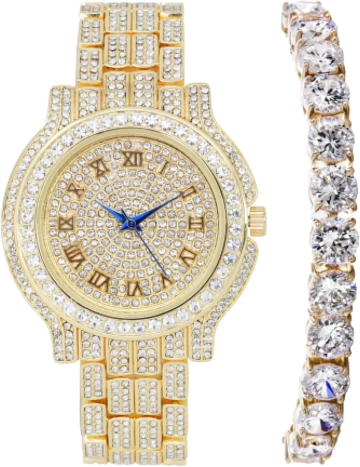 Cross clear Set Women's Iced out Watches with Diamond Stud Earrings and Flawless blinged out Cross Tennis Necklace & Bracelet - 4pc 