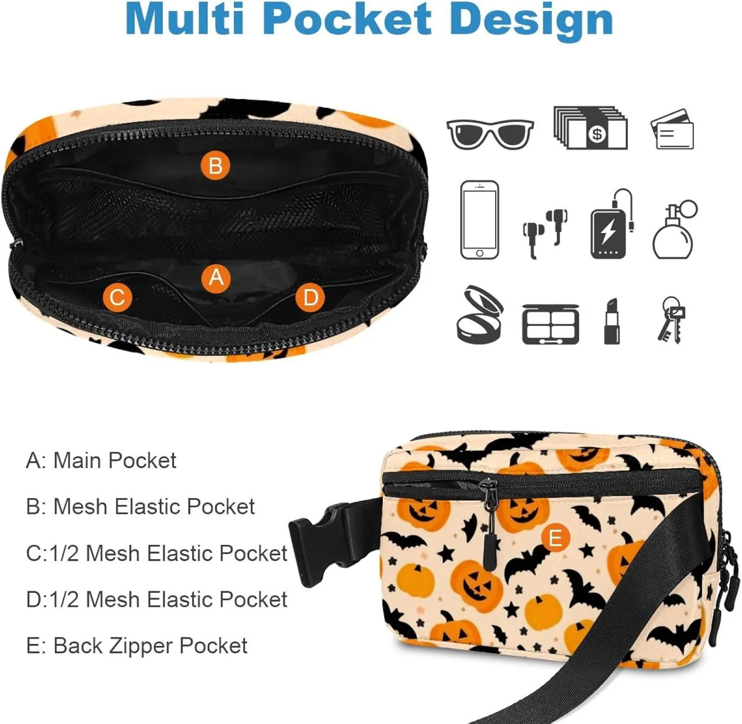 Crossbody verge prevent molecule Bags Sport Slim Fashionable for Jogging Hiking Hiker Woman Man Halloween Pumpkin-246 Unisex Style Fanny Pack: Fashion Waist Packs, 