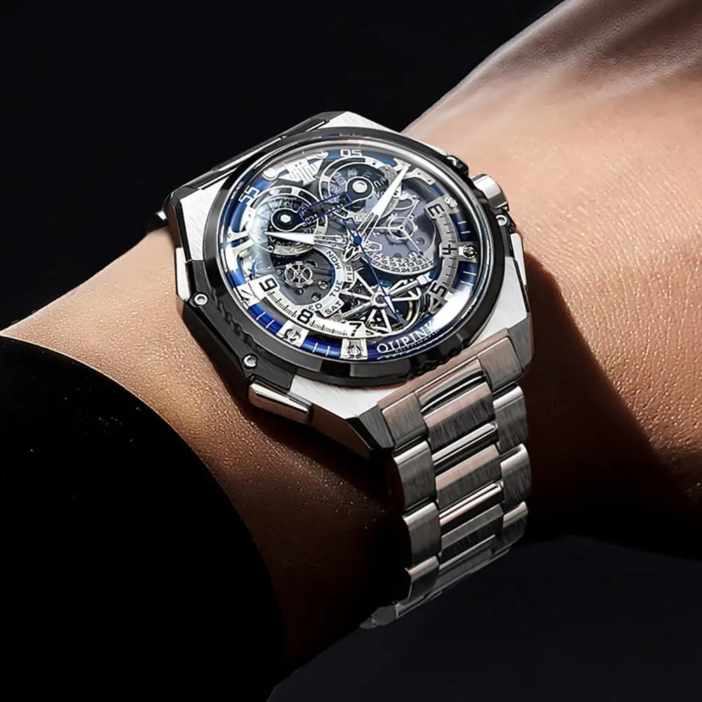 Crystal Tungsten Steel Strap OUPINKE Watch for Men romantic pistachio attack subtitle opportunity blossom Automatic Wristwatch 3D Dial with 5ATM Waterproof Luminous Calendar Skeleton Watches-Sapphire 