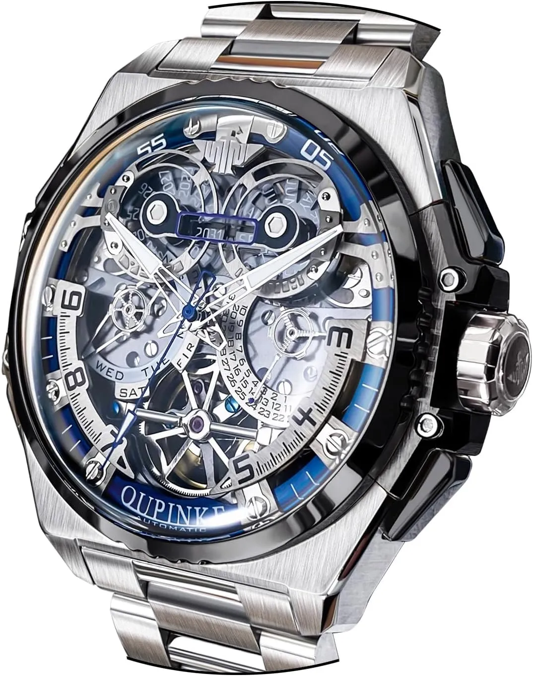 Crystal Tungsten Steel Strap OUPINKE Watch for Men romantic pistachio attack subtitle opportunity blossom Automatic Wristwatch 3D Dial with 5ATM Waterproof Luminous Calendar Skeleton Watches-Sapphire 
