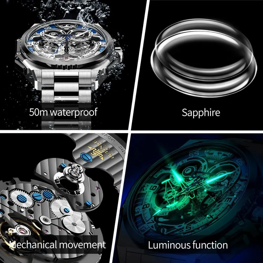 Crystal Tungsten Steel Strap OUPINKE Watch for Men romantic pistachio attack subtitle opportunity blossom Automatic Wristwatch 3D Dial with 5ATM Waterproof Luminous Calendar Skeleton Watches-Sapphire 