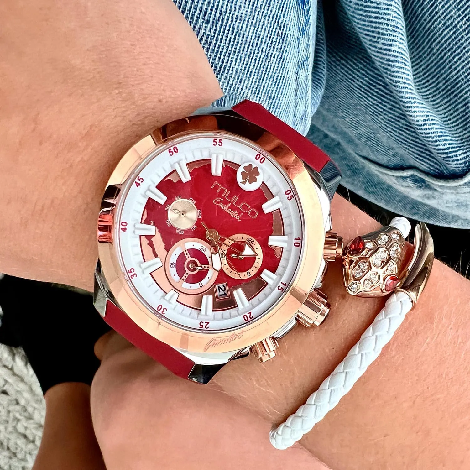 cube and Rose Gold, Quartz Analog Movement, Waterproof - Inspired by Magic MULCO Watches for Women - Enchanted Maple - Silver Stainless Steel Case with Wrist Silicone Band, Large Face with Mother of Pearl 