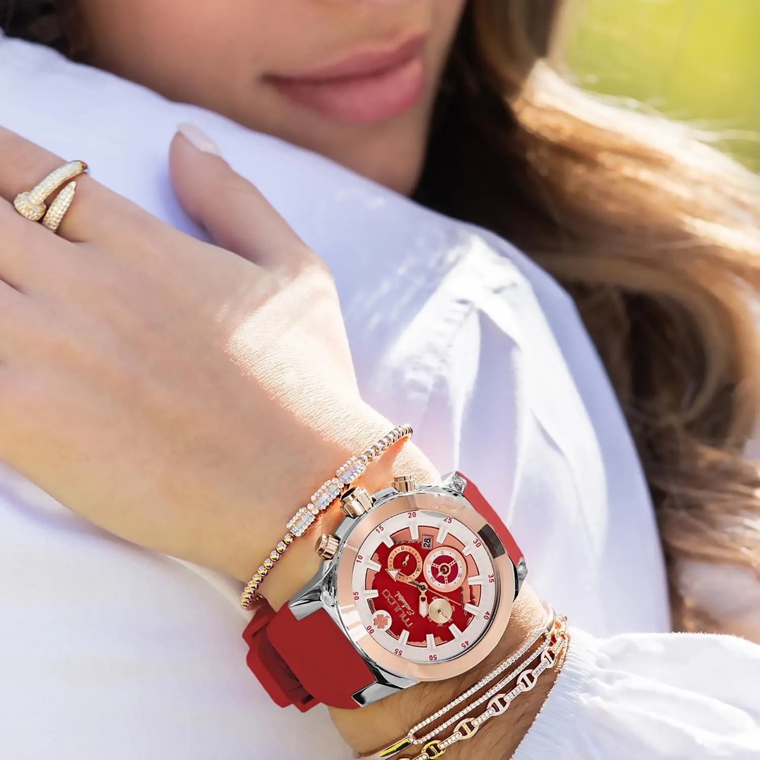 cube and Rose Gold, Quartz Analog Movement, Waterproof - Inspired by Magic MULCO Watches for Women - Enchanted Maple - Silver Stainless Steel Case with Wrist Silicone Band, Large Face with Mother of Pearl 