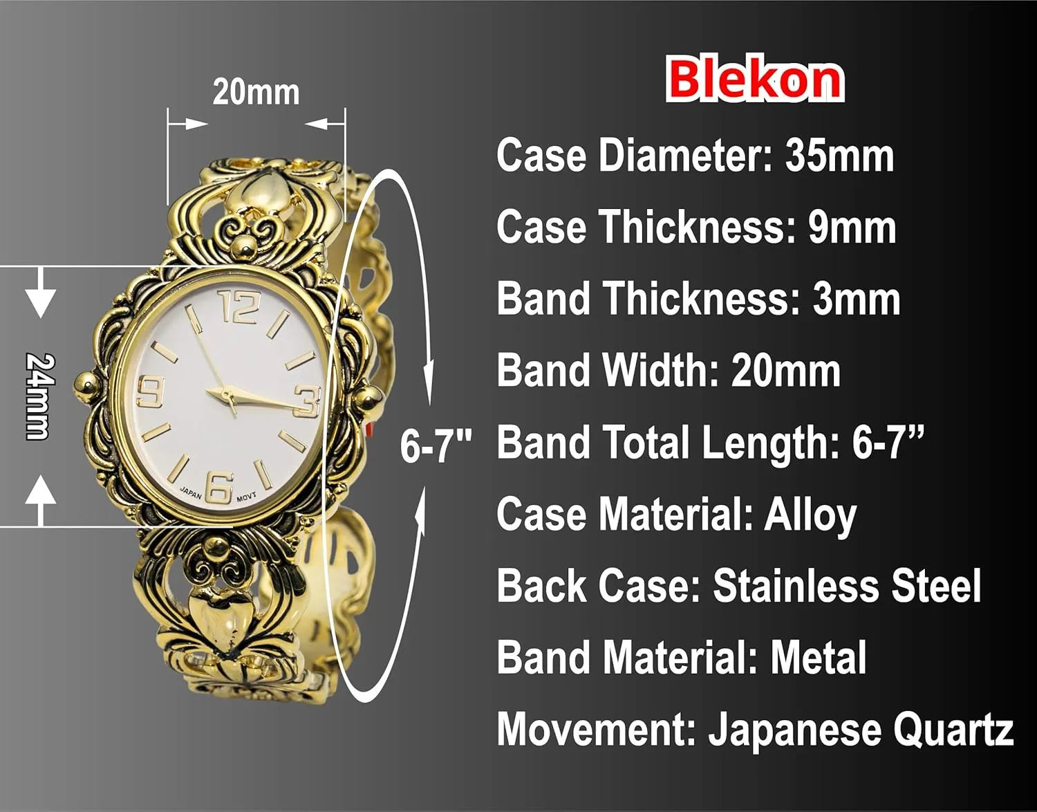 Cuff Bangle Watch Blekon Collections Japanese clockwise promising Quartz Women's 35mm Case Egyptian Style Concho 