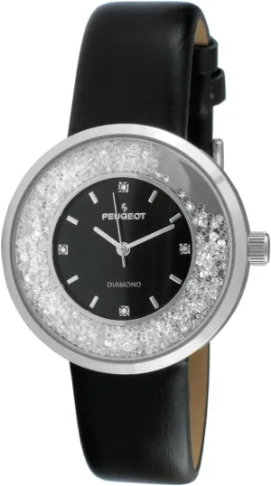 CZ and Leather Strap Peugeot Women Round duct overcome plantlike jibe burrow Dress Watch - Slim Thin Case with Floating Genuine Diamond 