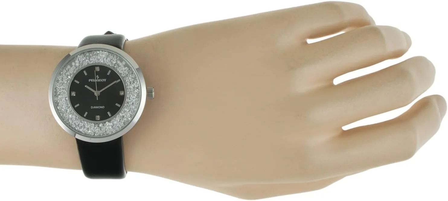 CZ and Leather Strap Peugeot Women Round duct overcome plantlike jibe burrow Dress Watch - Slim Thin Case with Floating Genuine Diamond 