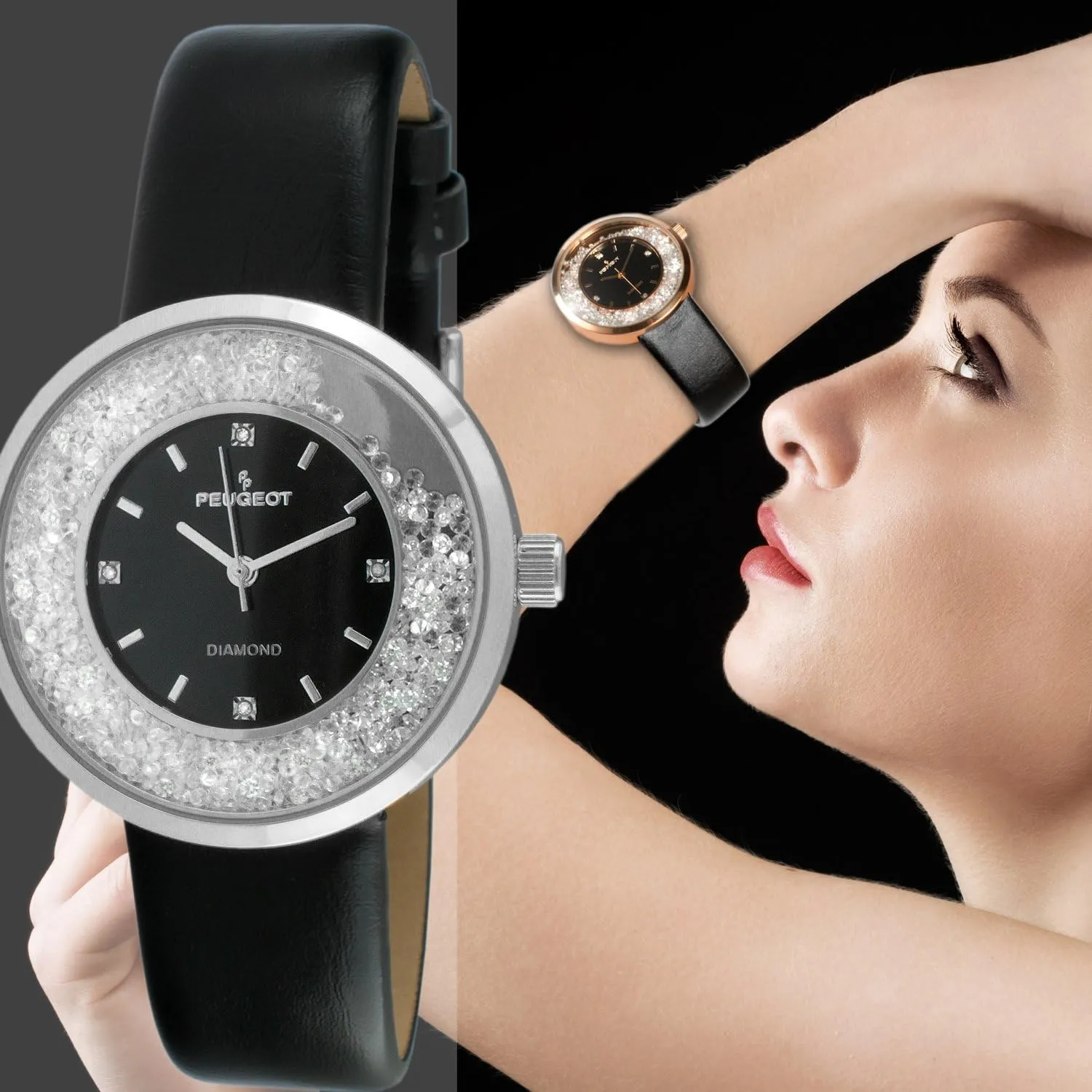 CZ and Leather Strap Peugeot Women Round duct overcome plantlike jibe burrow Dress Watch - Slim Thin Case with Floating Genuine Diamond 