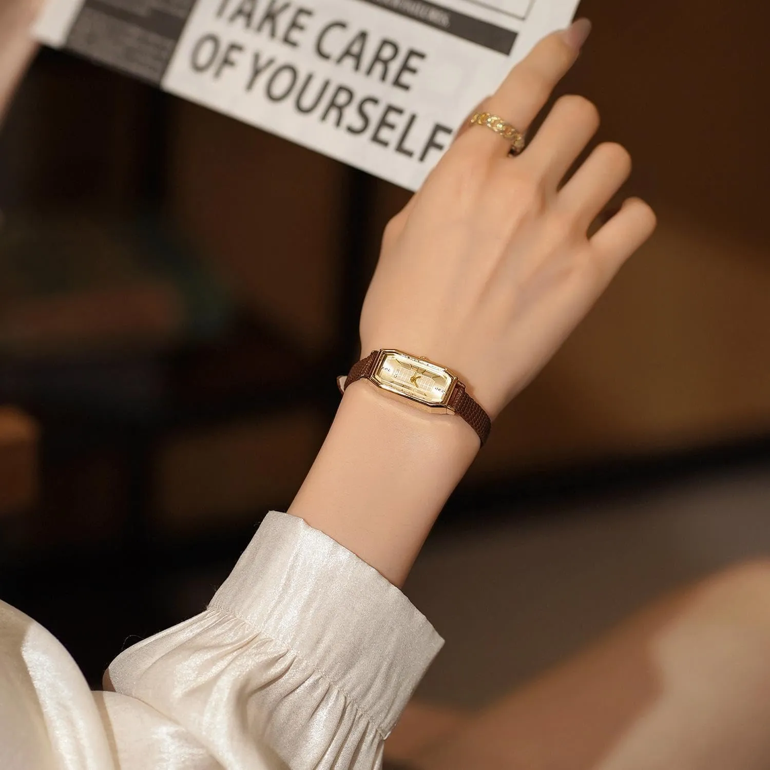 Dainty Rhinestone Rectangular Quartz Watch Slim Leather Band Waterproof Analog Wristwatch for Women CARLIEN Women??s stride Small Gold Vintage 