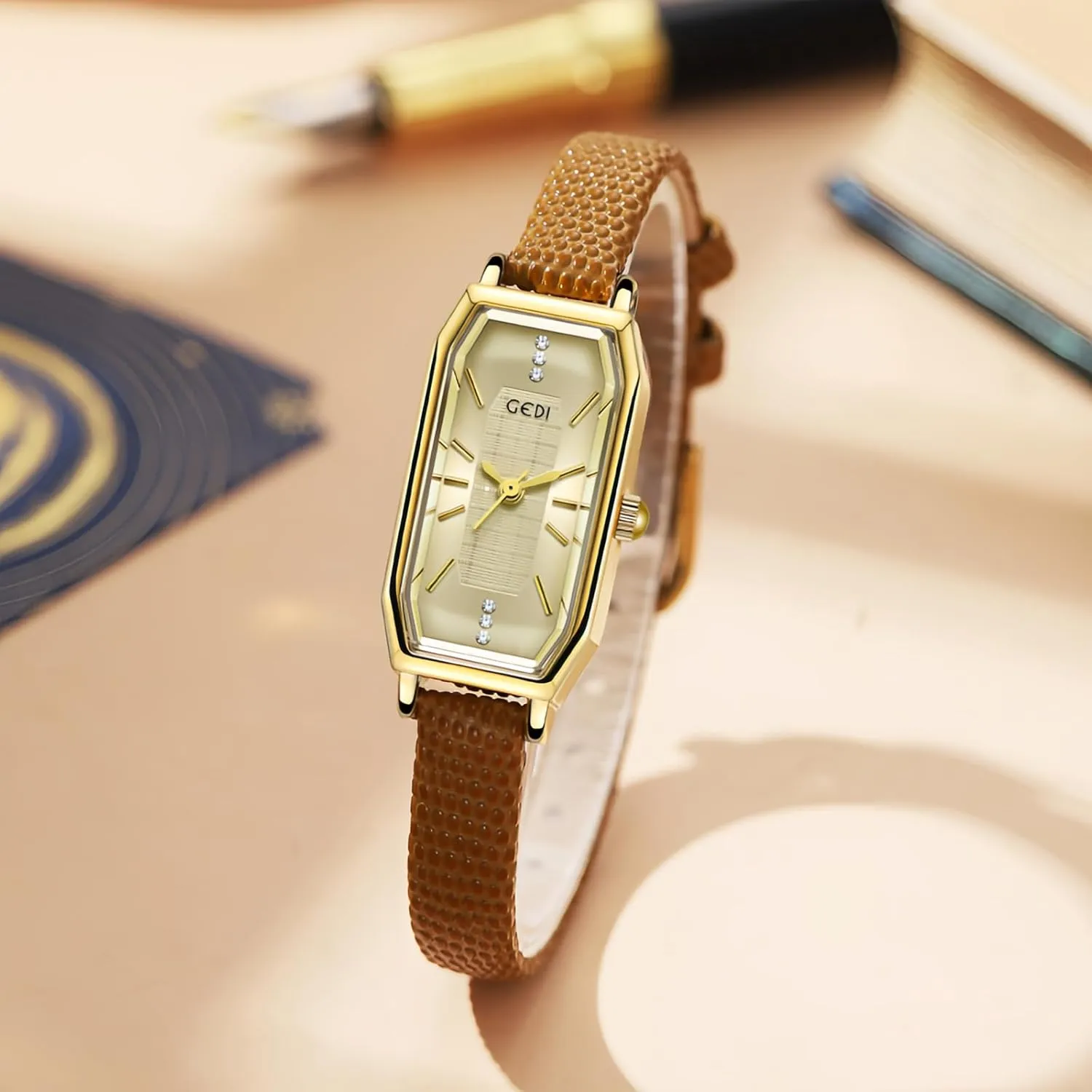 Dainty Rhinestone Rectangular Quartz Watch Slim Leather Band Waterproof Analog Wristwatch for Women CARLIEN Women??s stride Small Gold Vintage 