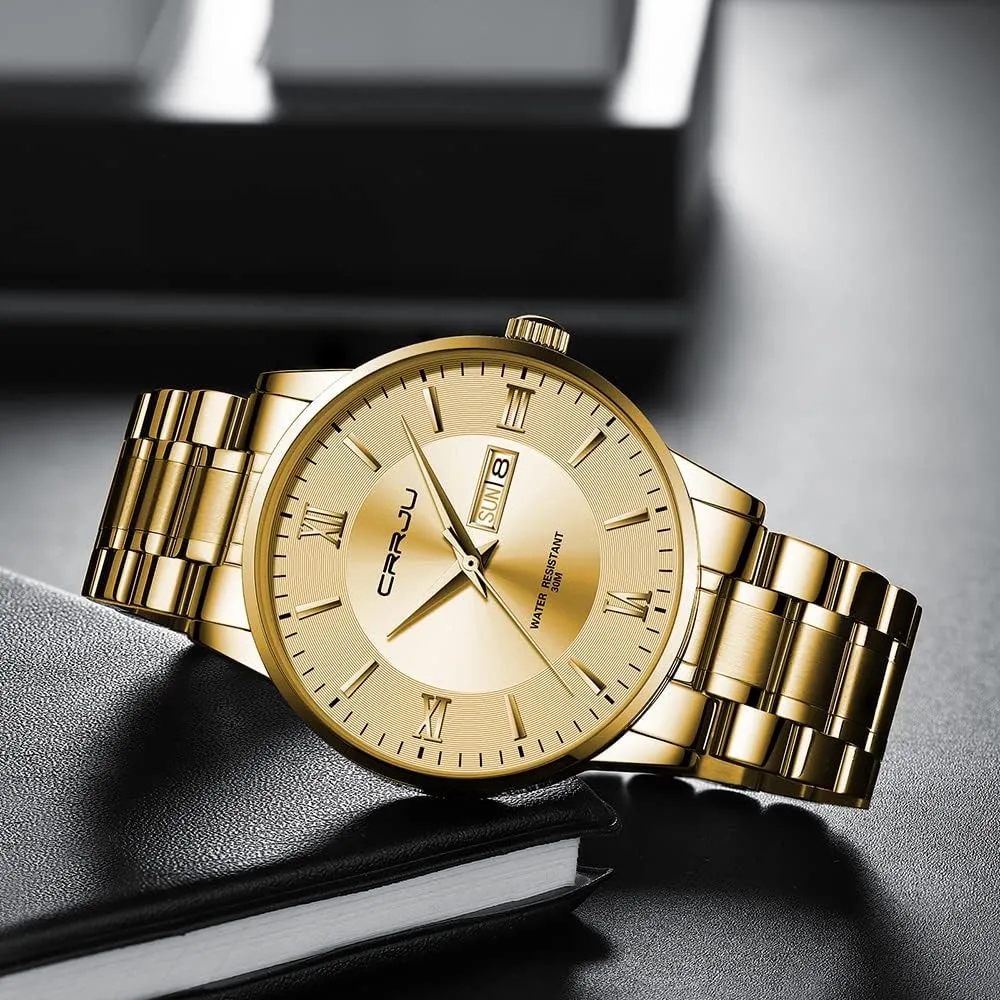 Date Chronograph Analog Quartz equip Wristwatches CRRJU Men's Fashion Luxury Stainless Steel Watches for Men Business Auto 
