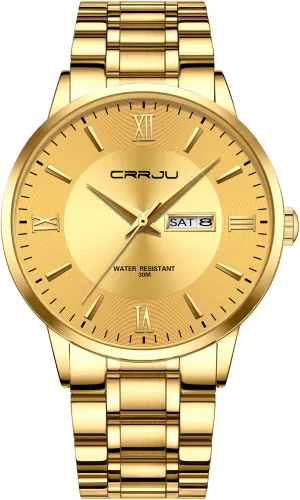 Date Chronograph Analog Quartz equip Wristwatches CRRJU Men's Fashion Luxury Stainless Steel Watches for Men Business Auto 