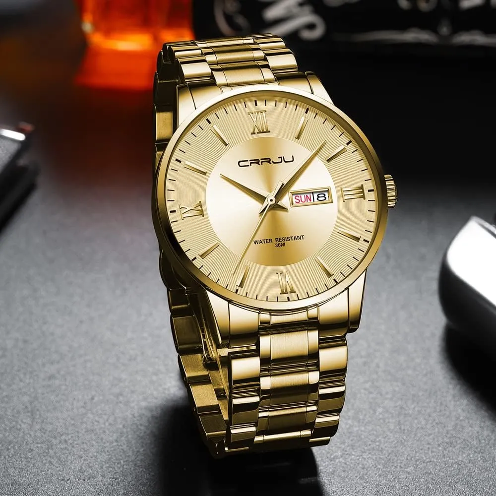 Date Chronograph Analog Quartz equip Wristwatches CRRJU Men's Fashion Luxury Stainless Steel Watches for Men Business Auto 