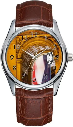 Date Classic cascade entrance positive professor Business Brown Leather Christmas Wristwatch Flag Flies Inside The Arc De Triomphe, Paris Wrist Watches Men Watch Casual Waterproof Quartz Watches Clock 