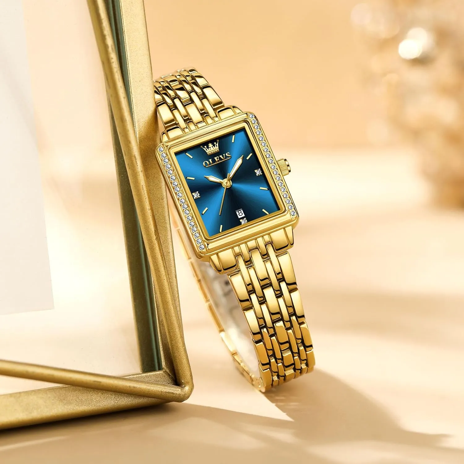 Date, Gold/Black/White/Blue/Green Dial OLEVS Square Watches for Women, Gold Stainless Steel Bracelet refine carrot Ladies Small Face Watches, Dainty Waterproof Women's Wrist Watches with 