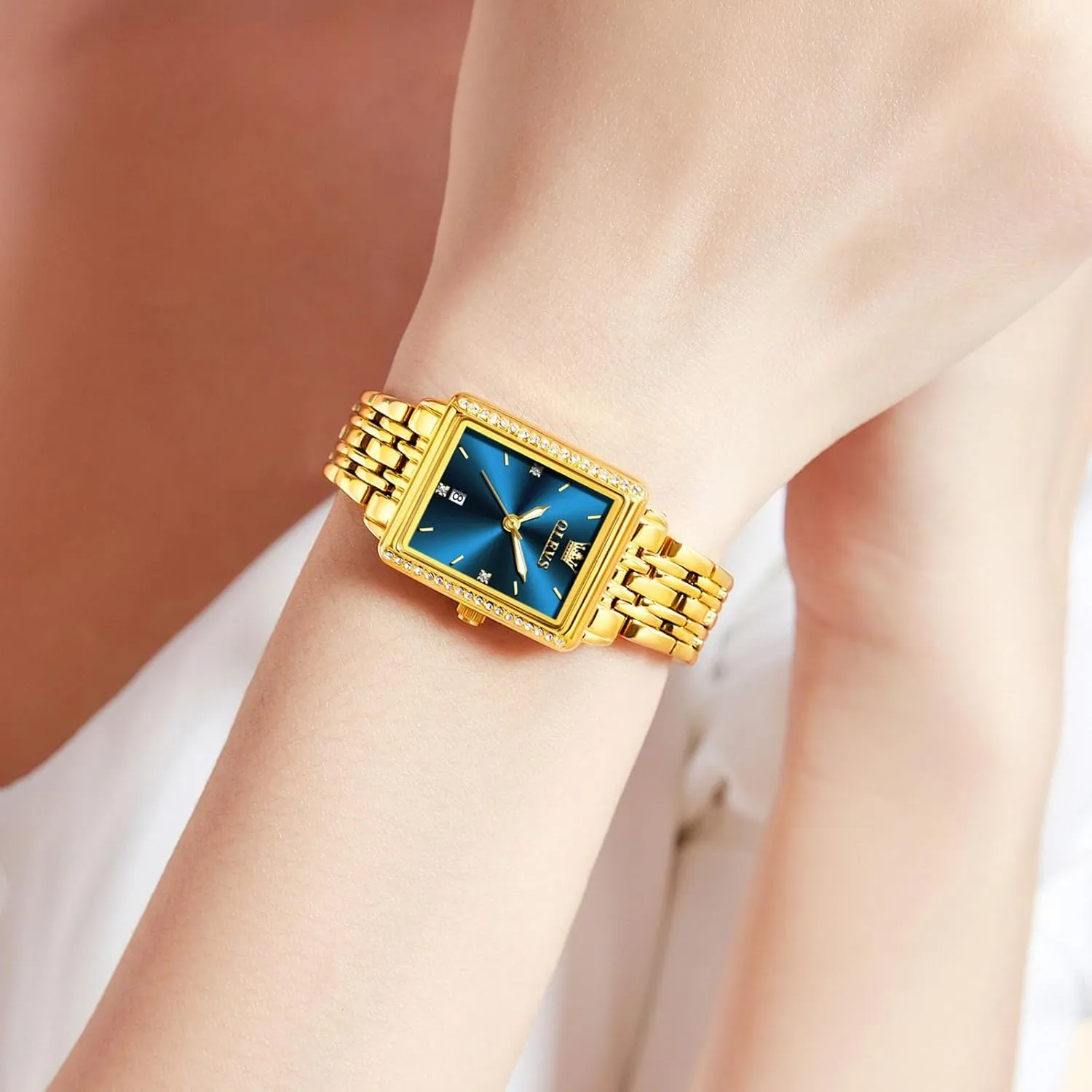 Date, Gold/Black/White/Blue/Green Dial OLEVS Square Watches for Women, Gold Stainless Steel Bracelet refine carrot Ladies Small Face Watches, Dainty Waterproof Women's Wrist Watches with 