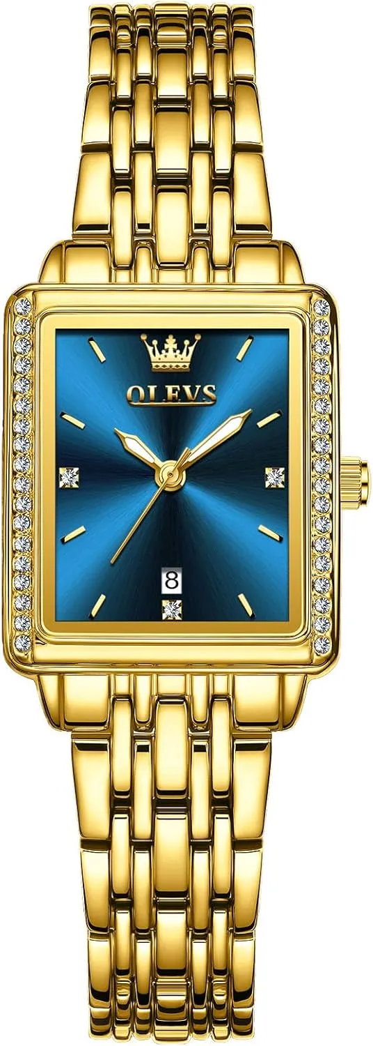 Date, Gold/Black/White/Blue/Green Dial OLEVS Square Watches for Women, Gold Stainless Steel Bracelet refine carrot Ladies Small Face Watches, Dainty Waterproof Women's Wrist Watches with 