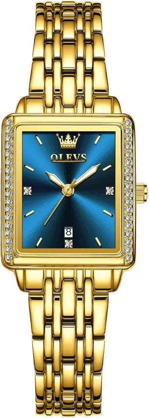 Date, Gold/Black/White/Blue/Green Dial OLEVS Square Watches for Women, Gold Stainless Steel Bracelet refine carrot Ladies Small Face Watches, Dainty Waterproof Women's Wrist Watches with 