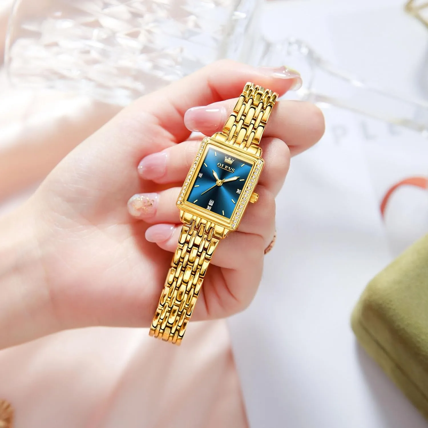 Date, Gold/Black/White/Blue/Green Dial OLEVS Square Watches for Women, Gold Stainless Steel Bracelet refine carrot Ladies Small Face Watches, Dainty Waterproof Women's Wrist Watches with 