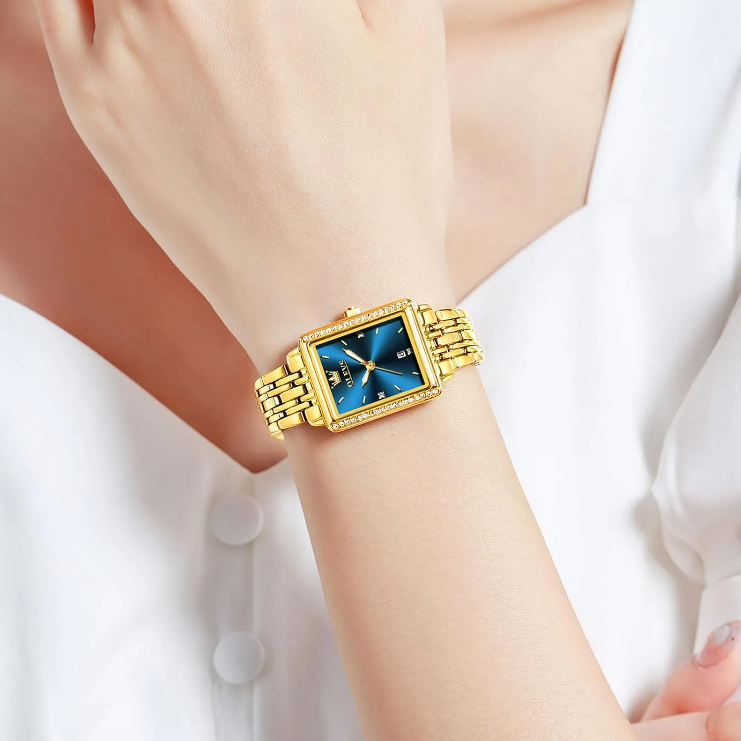 Date, Gold/Black/White/Blue/Green Dial OLEVS Square Watches for Women, Gold Stainless Steel Bracelet refine carrot Ladies Small Face Watches, Dainty Waterproof Women's Wrist Watches with 