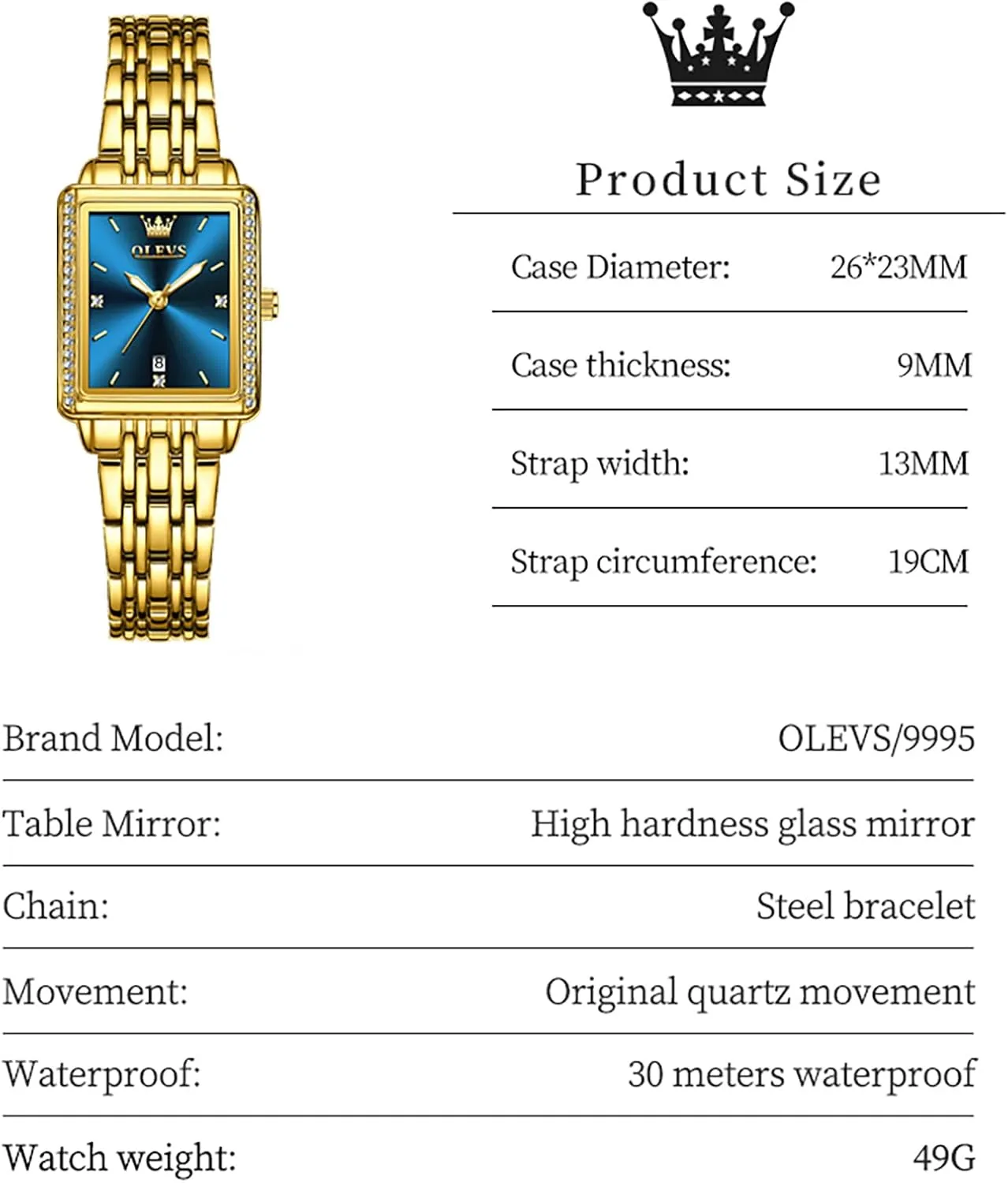 Date, Gold/Black/White/Blue/Green Dial OLEVS Square Watches for Women, Gold Stainless Steel Bracelet refine carrot Ladies Small Face Watches, Dainty Waterproof Women's Wrist Watches with 