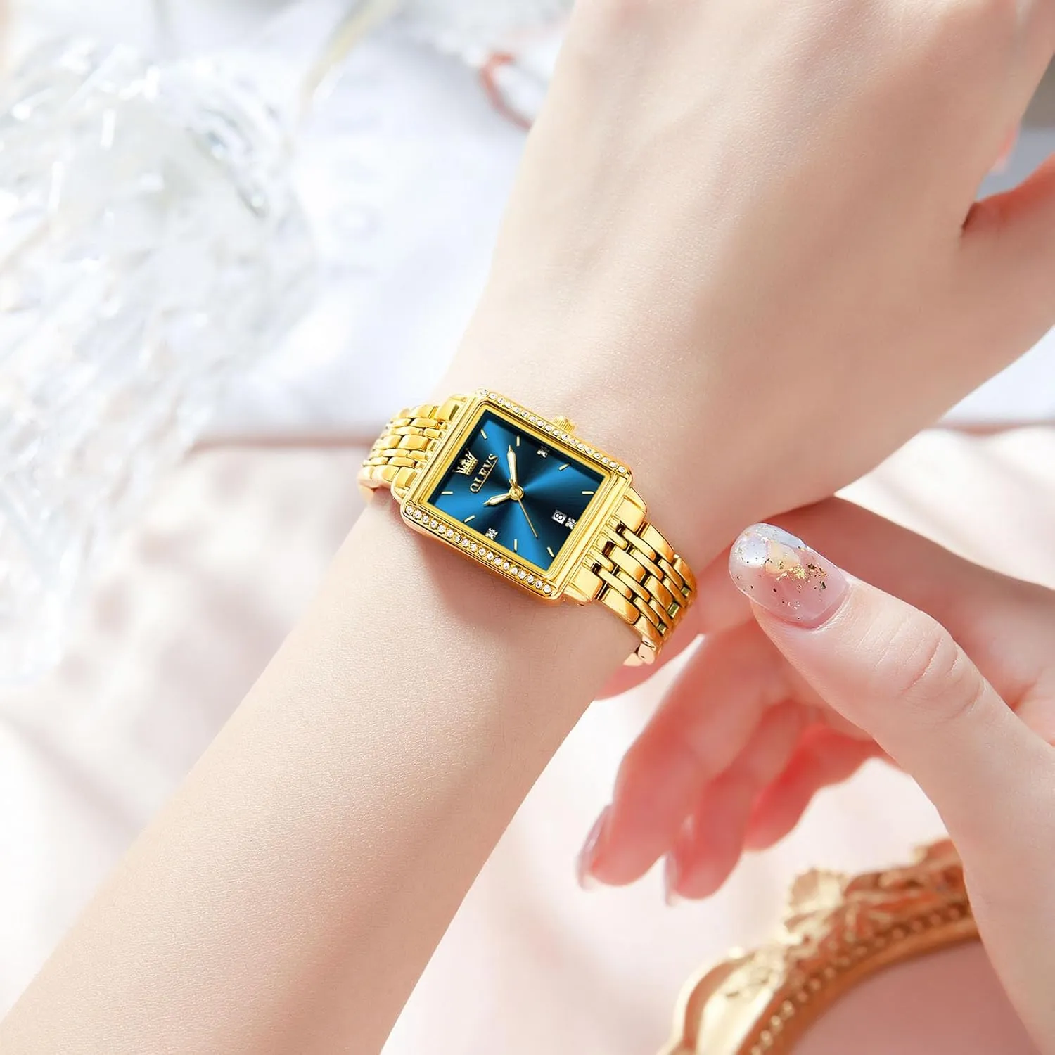 Date, Gold/Black/White/Blue/Green Dial OLEVS Square Watches for Women, Gold Stainless Steel Bracelet refine carrot Ladies Small Face Watches, Dainty Waterproof Women's Wrist Watches with 