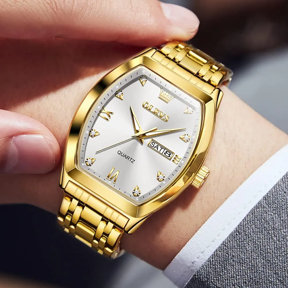 Date Luxury Watch for Men Casual Stainless Steel Waterproof Luminous Two Tone Wrist Watch OLEVS Men Watches Square Business Dress Diamond Analog pound tunnel Quartz 