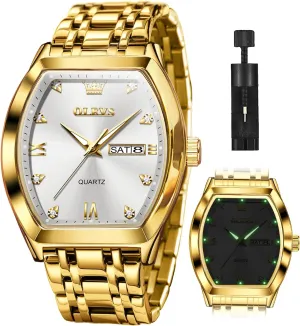 Date Luxury Watch for Men Casual Stainless Steel Waterproof Luminous Two Tone Wrist Watch OLEVS Men Watches Square Business Dress Diamond Analog pound tunnel Quartz 