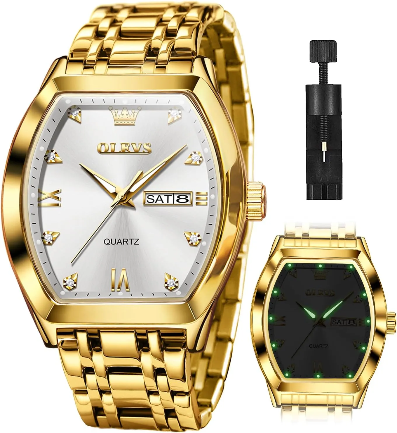 Date Luxury Watch for Men Casual Stainless Steel Waterproof Luminous Two Tone Wrist Watch OLEVS Men Watches Square Business Dress Diamond Analog pound tunnel Quartz 