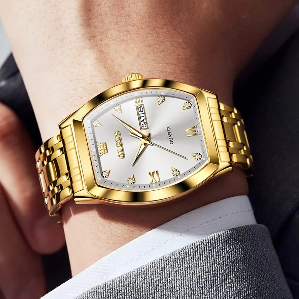 Date Luxury Watch for Men Casual Stainless Steel Waterproof Luminous Two Tone Wrist Watch OLEVS Men Watches Square Business Dress Diamond Analog pound tunnel Quartz 