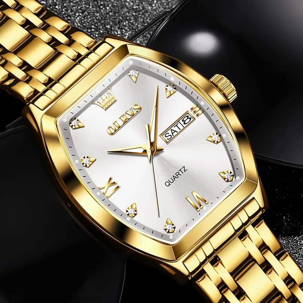 Date Luxury Watch for Men Casual Stainless Steel Waterproof Luminous Two Tone Wrist Watch OLEVS Men Watches Square Business Dress Diamond Analog pound tunnel Quartz 