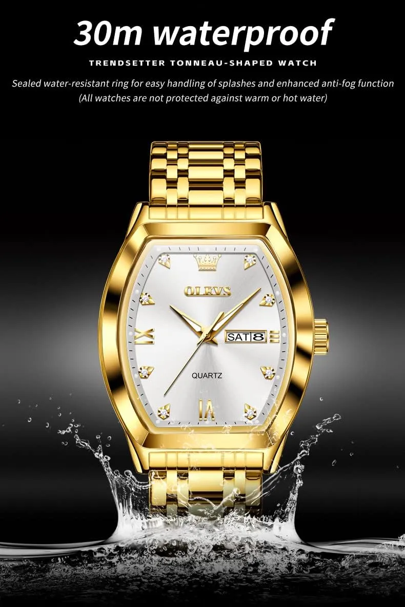 Date Luxury Watch for Men Casual Stainless Steel Waterproof Luminous Two Tone Wrist Watch OLEVS Men Watches Square Business Dress Diamond Analog pound tunnel Quartz 