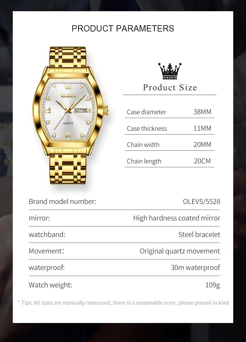 Date Luxury Watch for Men Casual Stainless Steel Waterproof Luminous Two Tone Wrist Watch OLEVS Men Watches Square Business Dress Diamond Analog pound tunnel Quartz 