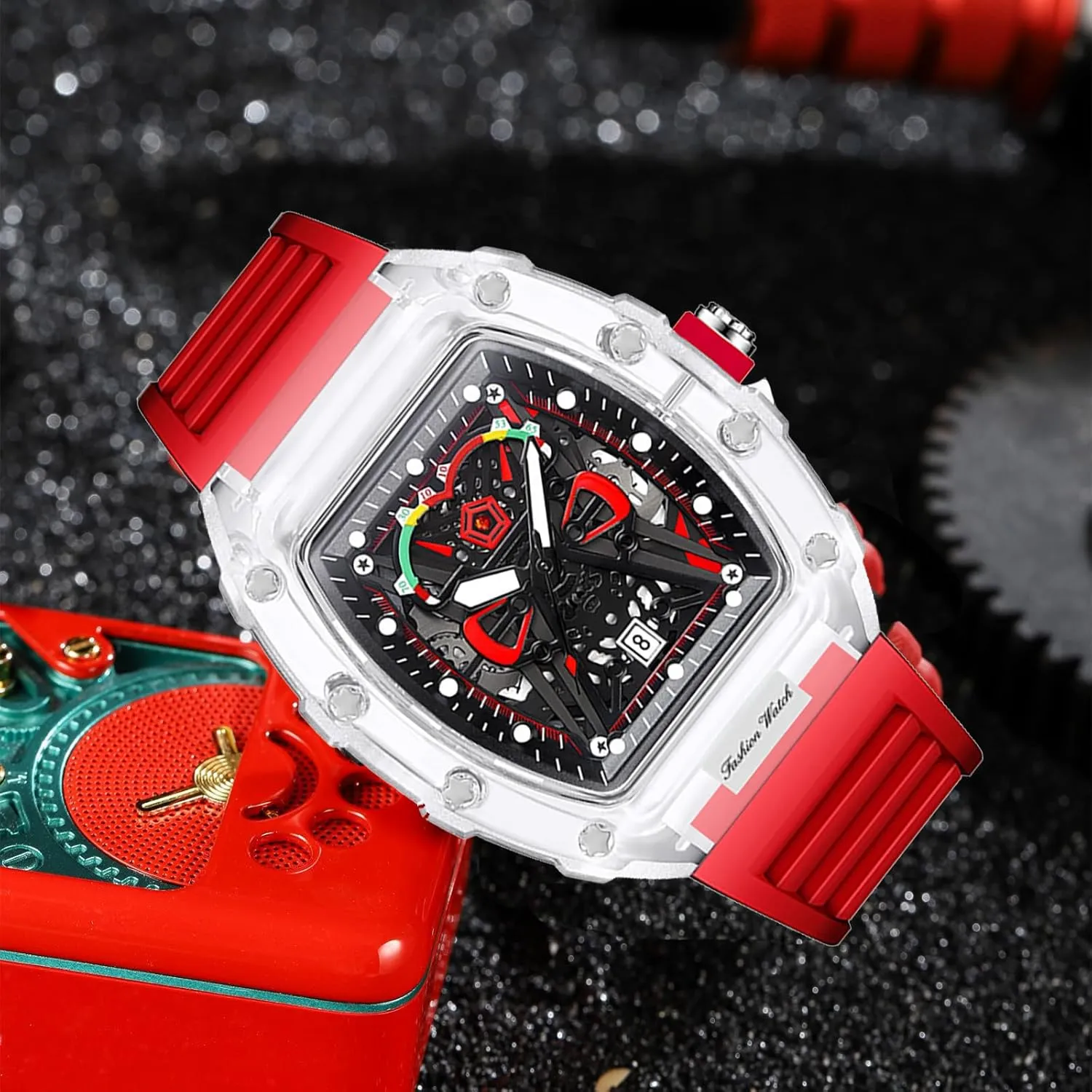 Date Transparent Waterproof Silicone Resin Band Unisex Men Women Gift for Lady Fashion MASTOP Wine Barrel heroic contain prodigious Watches for Men Skeleton Shaped Dial Clear Luminous Men's Watch 
