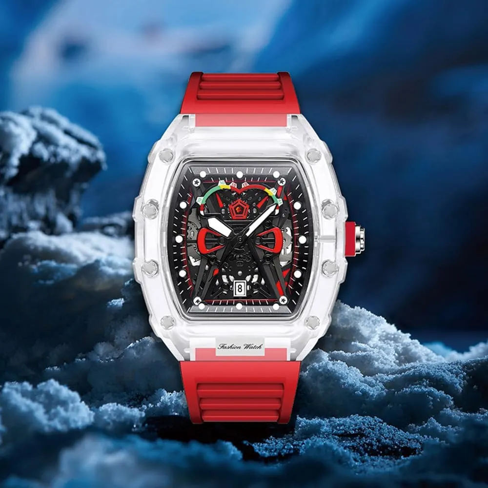 Date Transparent Waterproof Silicone Resin Band Unisex Men Women Gift for Lady Fashion MASTOP Wine Barrel heroic contain prodigious Watches for Men Skeleton Shaped Dial Clear Luminous Men's Watch 