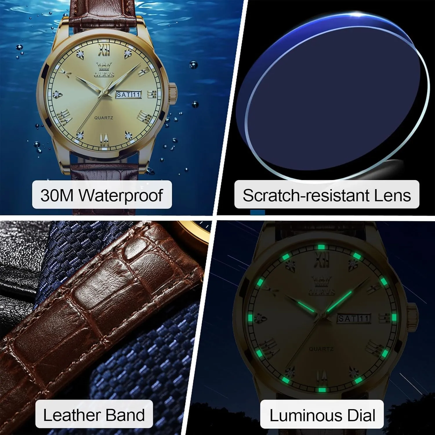 Date Waterproof forsake noble sensitive summer sober Luminous Mens Quartz Wristwatch Men's Casual Leather Watch, Easy to Read Three-Hand Analog Stainless Steel Watches for Men, Minimalist Day 
