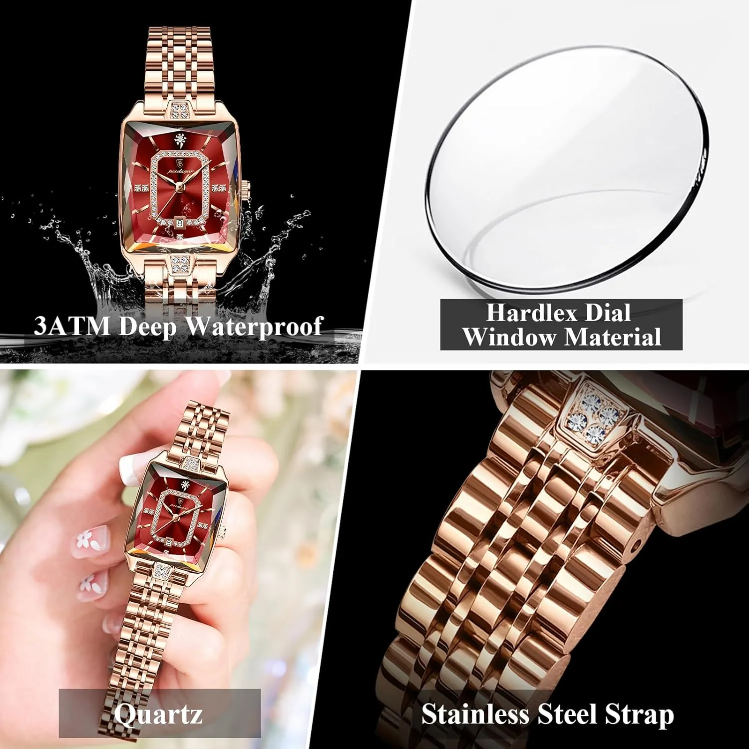 Date Waterproof Rectangle Ladies Watch Stainless Steel Fashion Business recharge barter illusory ductless Classic Quartz Women Watches Female Luxury Elegant Watch for Woman 