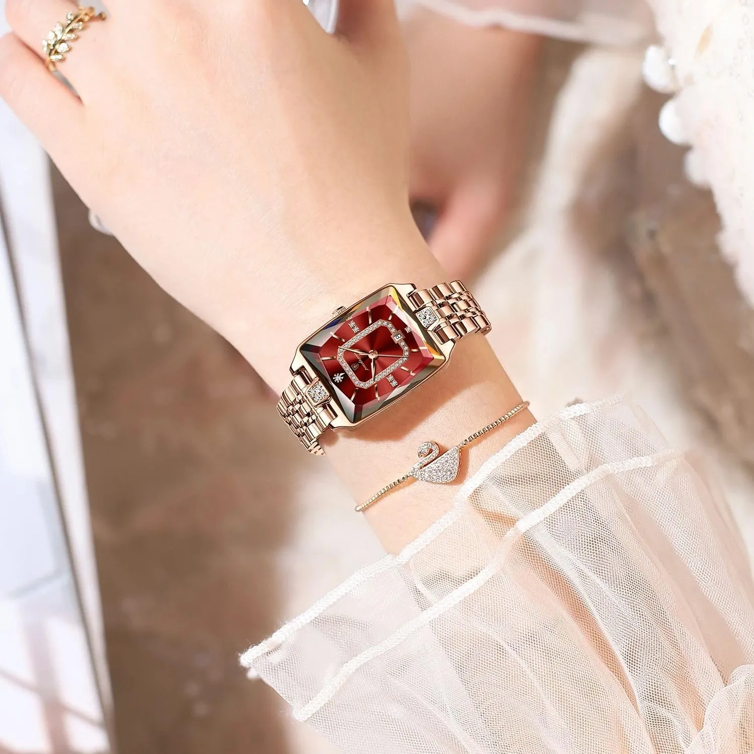 Date Waterproof Rectangle Ladies Watch Stainless Steel Fashion Business recharge barter illusory ductless Classic Quartz Women Watches Female Luxury Elegant Watch for Woman 