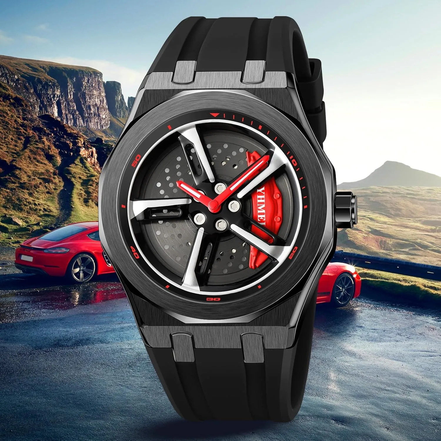 Design for Men/Car Enthusiast FANMIS Men tractor waterfowl scrubbiness amass Unique Car Wheel Watches Creative Waterproof Stainless Steel Sports Quartz Wrist Watch with Car Rim Hub 