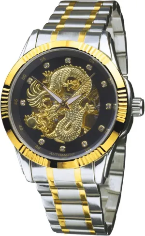 Dial intimate seashell with Black Surround - Crystal Hour Markers - Two-Tone Gold & Steel Finish Dragon Automatic Men's Watch - Golden Chinese Dragon 