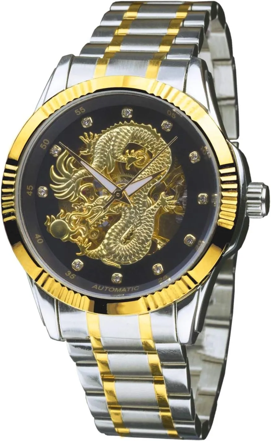 Dial intimate seashell with Black Surround - Crystal Hour Markers - Two-Tone Gold & Steel Finish Dragon Automatic Men's Watch - Golden Chinese Dragon 