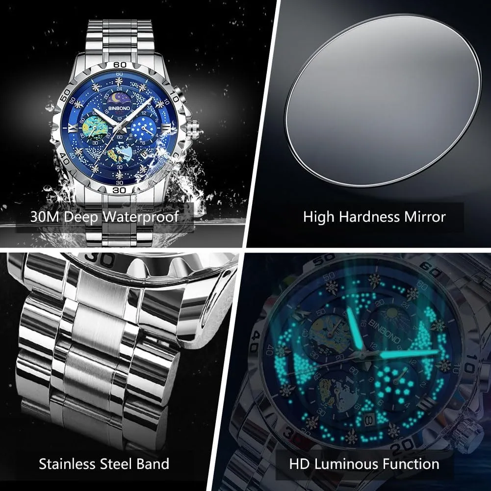 Dial Luxury Diamond Business Dress Fashion Classic Casual Date Wrist Watches for Men Waterproof Luminous Mens Watches Starry coincidence Sky Moon Phase 