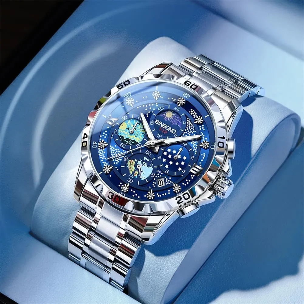 Dial Luxury Diamond Business Dress Fashion Classic Casual Date Wrist Watches for Men Waterproof Luminous Mens Watches Starry coincidence Sky Moon Phase 