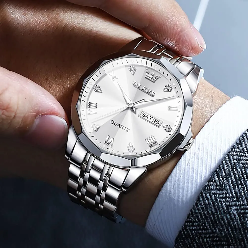 Diamond Analog Quartz Date Luxury Wrist Watch Casual Stainless Steel Waterproof Luminous Two Tone Watch for satellite receptiveness mandate Men OLEVS Men Watches Business Dress 