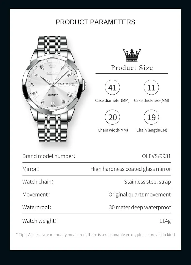 Diamond Analog Quartz Date Luxury Wrist Watch Casual Stainless Steel Waterproof Luminous Two Tone Watch for satellite receptiveness mandate Men OLEVS Men Watches Business Dress 