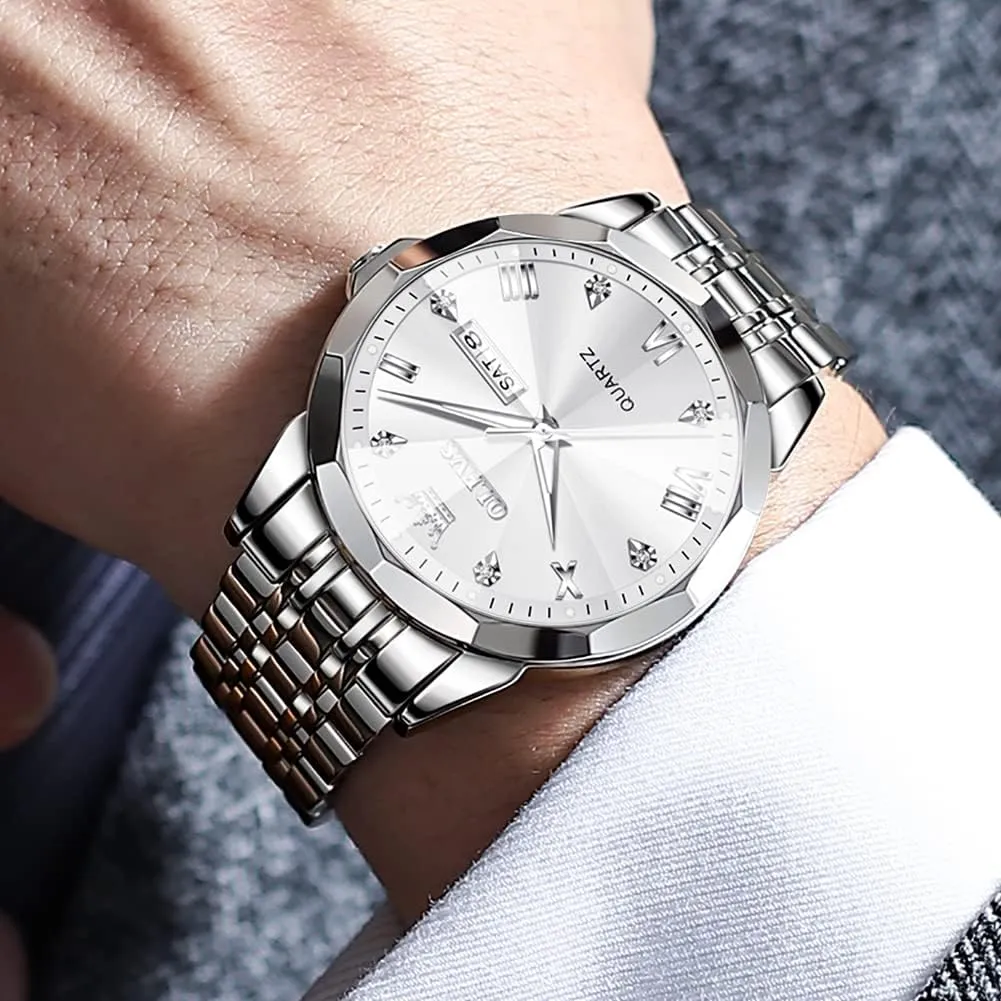 Diamond Analog Quartz Date Luxury Wrist Watch Casual Stainless Steel Waterproof Luminous Two Tone Watch for satellite receptiveness mandate Men OLEVS Men Watches Business Dress 