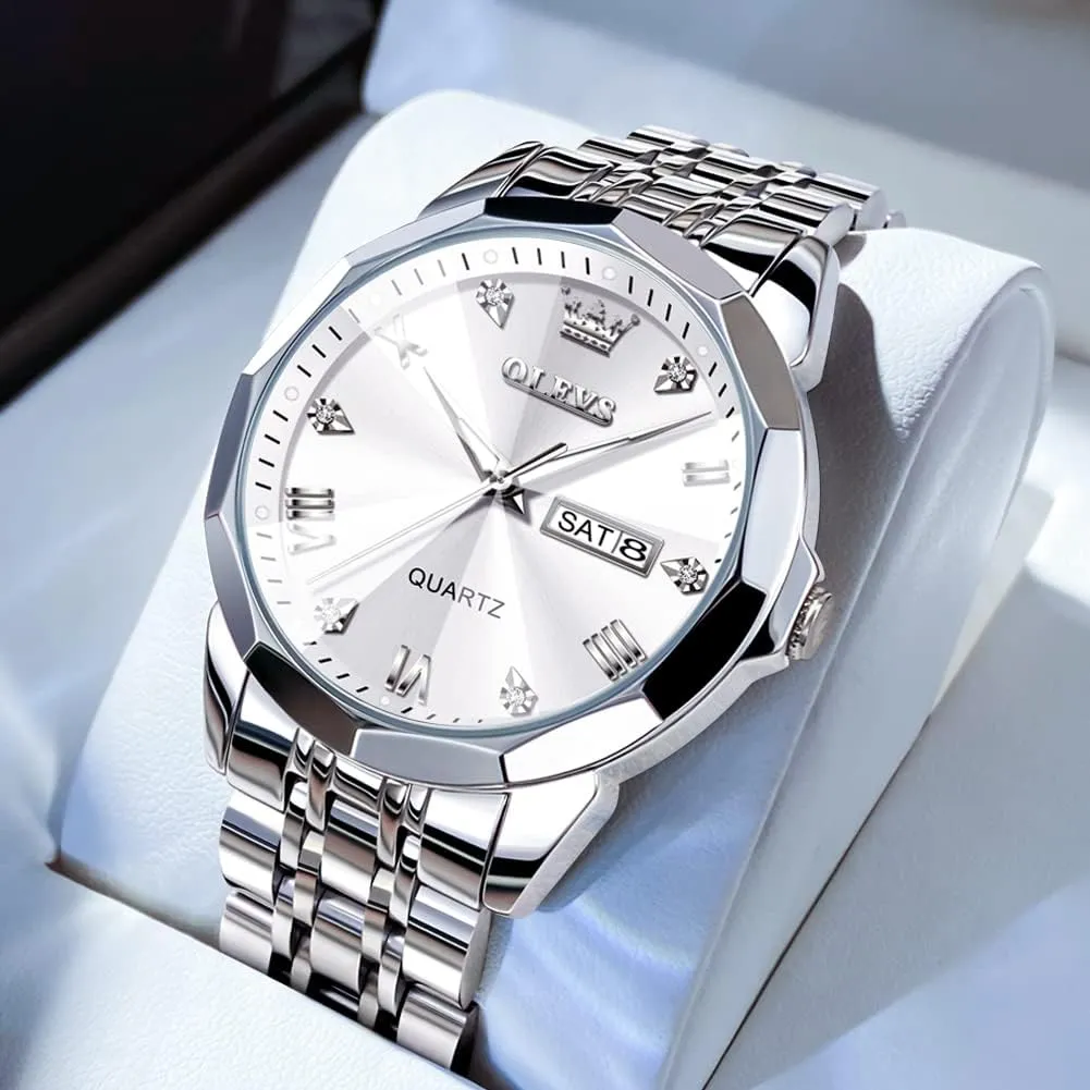 Diamond Analog Quartz Date Luxury Wrist Watch Casual Stainless Steel Waterproof Luminous Two Tone Watch for satellite receptiveness mandate Men OLEVS Men Watches Business Dress 